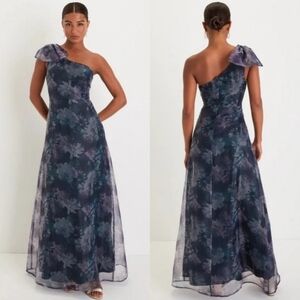 Lulus Beyond Fabulous Blue Floral Organza One-Shoulder Maxi Dress L Party